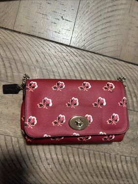 Coach Red Floral hand bag / Wallet with Gold Hardware